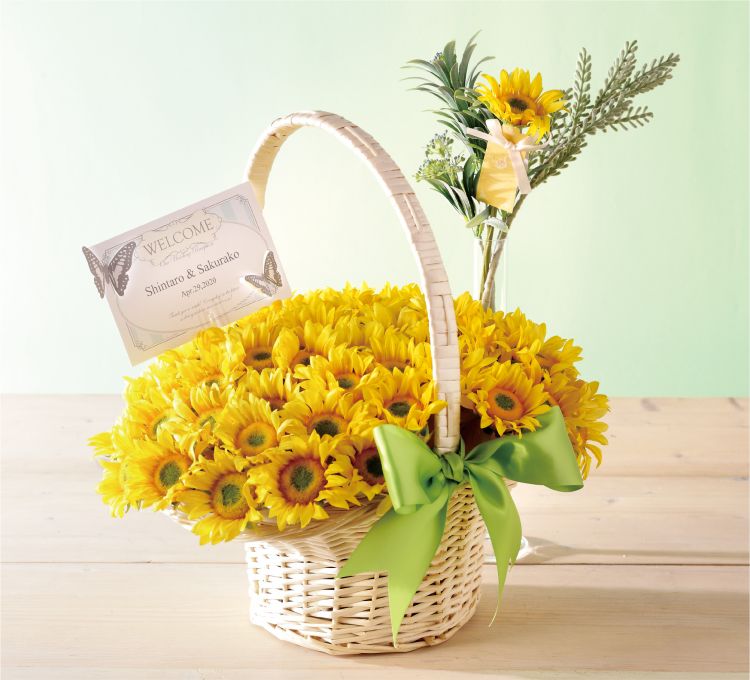 フラワーペン&rdquo;ひまわり&rdquo;48本セット￥21406（税込み）追加1本￥374　フラワーペン23.7㎝　商品寸法30&times;34☓H39㎝　かご、ネームプレート、カードスティック付